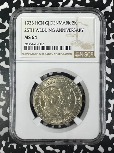 1923 Denmark 25th Wedding Anniversary 2 Kroner NGC MS64 Lot#HP350 Silver!