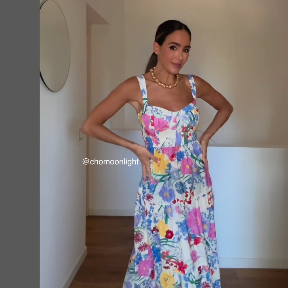 Zara floral print dress tiered maxi multicolor white pink Zara floral print dress tiered maxi multicolor white pink