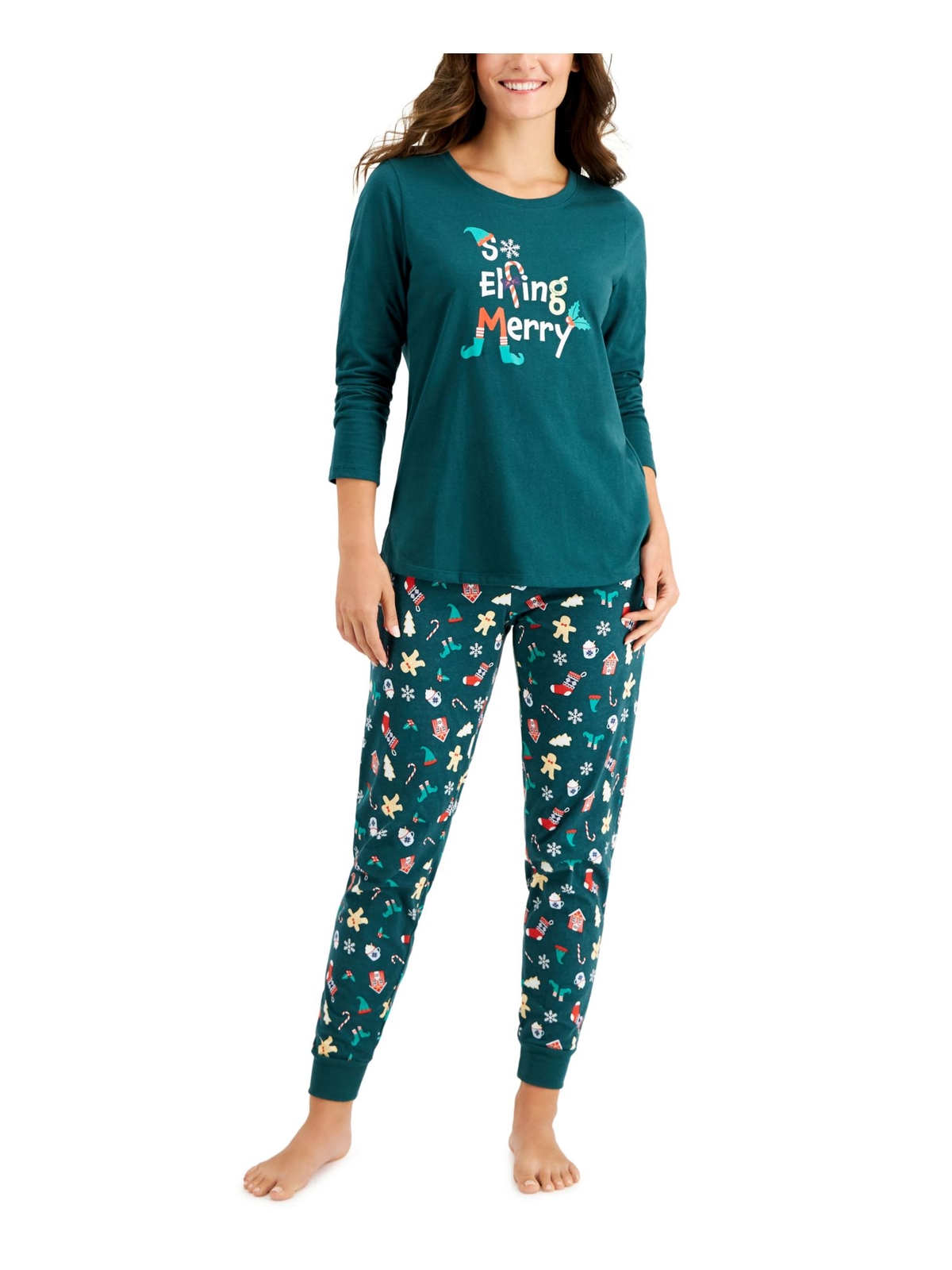 FAMILY PJs Womens So Elfing Merry Green Long Sleeve Top Cuffed Pants Pajamas XXL