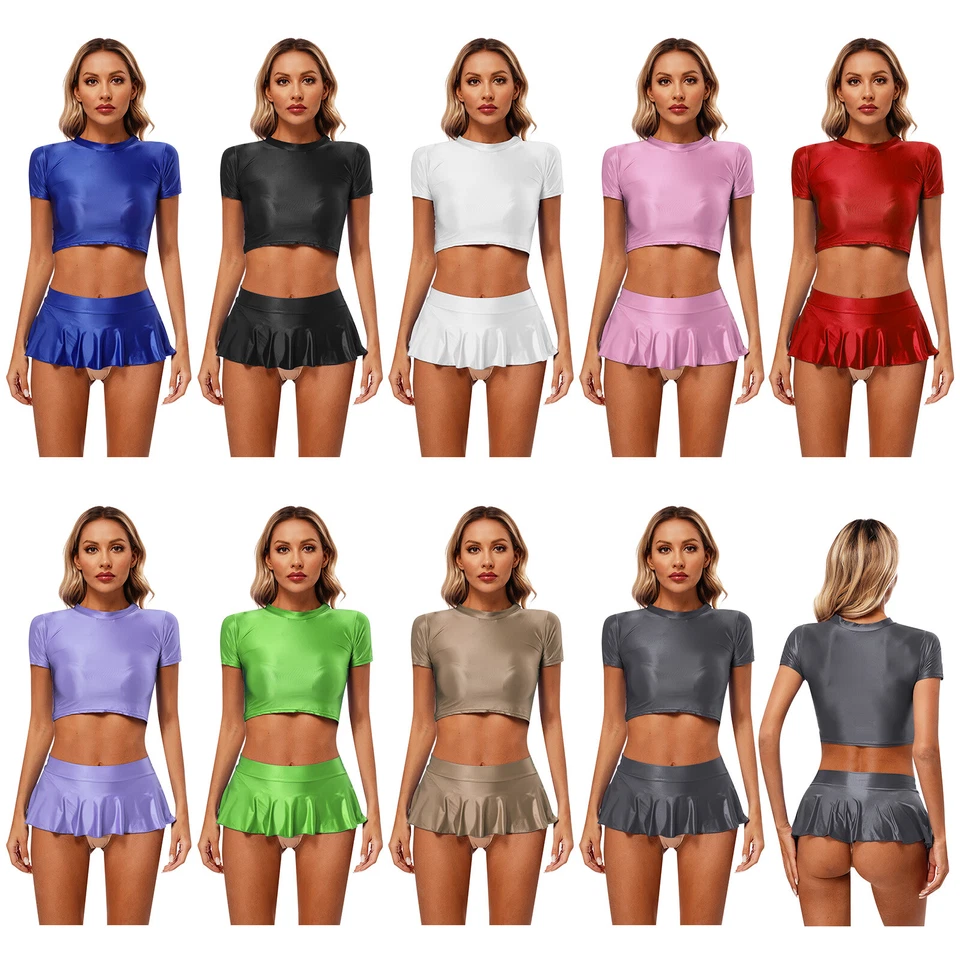 UK Women Sexy Glossy Dress Set Swimsuits U Neck Short Sleeve Tops Stretchy Skirt - Image 2 of 3