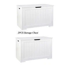 2PCS 30" Storage Chest Bench Toy Box Wooden Organizer with 2 Safety Hinges White