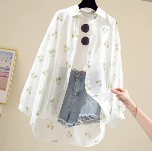 Women's Mickey Mouse Print Long Sleeve Tops Loose Fit White Blouse Casual Shirt - Picture 6 of 9