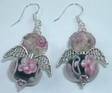 Black Pink Angel Lampwork and Crystal Bead Earrings Handmade Jewelry