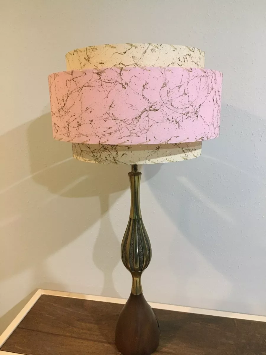 Mid Century Pink Table Lamp with Tiered Fiberglass Shade Circa