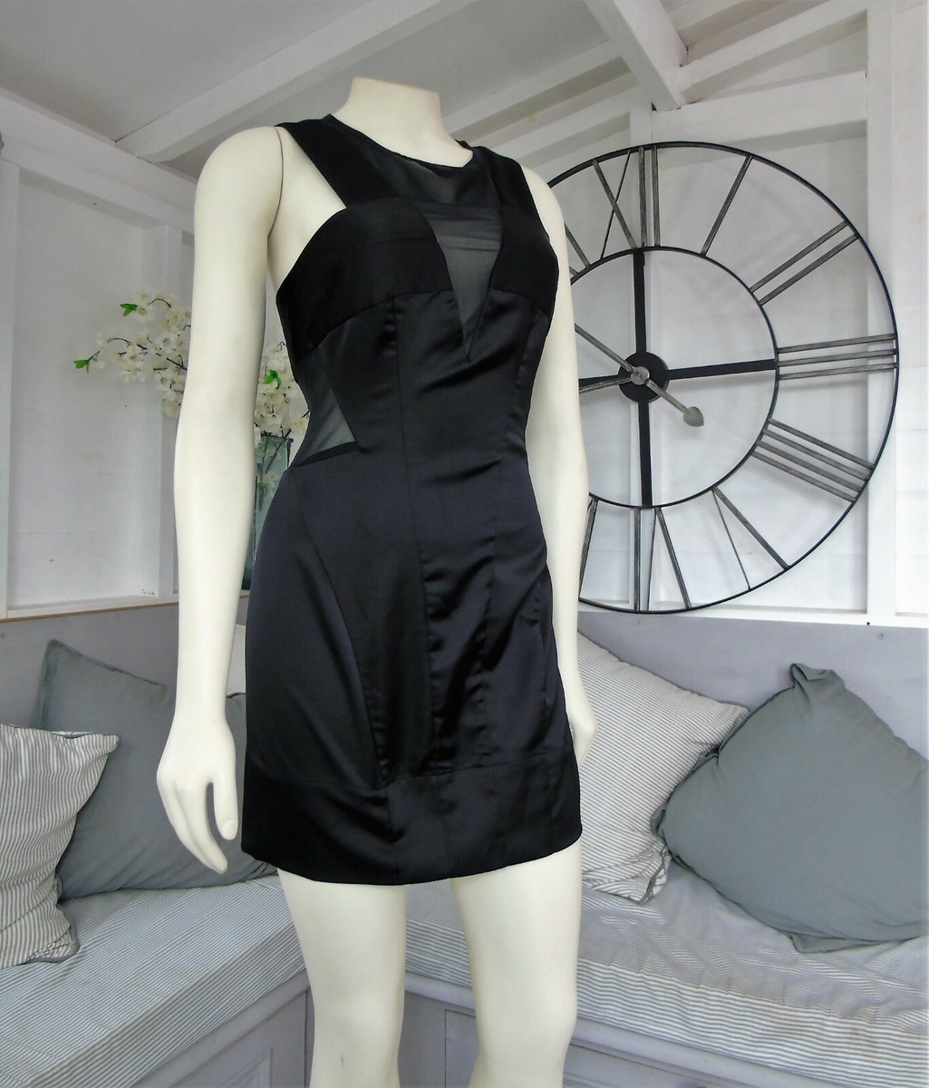 AllSaints Spitalfields Emi Black Dress 8 RRP 125 Satin with sheer panels  32" | eBay