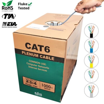BN Cables Bulk Cat6 1000ft  Solid Plenum CMP Rated 550 Mhz 23 Awg Cable Gray
