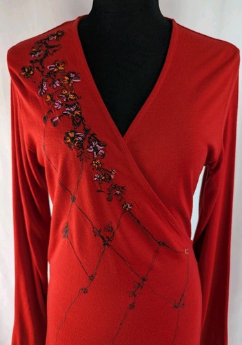 Gorgeous Oilily Floral Embroidery Fitted Red Wool Blend Wrap Dress Size L US 12 - Picture 2 of 19