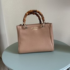Gucci Small Calfskin Bamboo Shopper Satchel Pre-Loved Nude