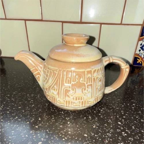 Frankoma 7J Art Pottery Ceramic Teapot Glossy Beige Brown with Lid