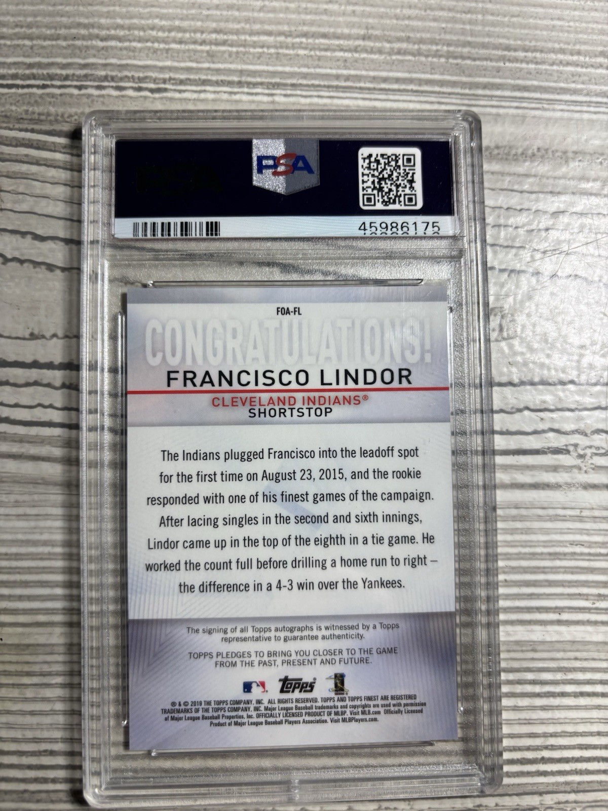 Francisco Lindor /25 - 2019 Topps Finest - #FOA-FL Orange Refractor Auto (PSA 9) view 5