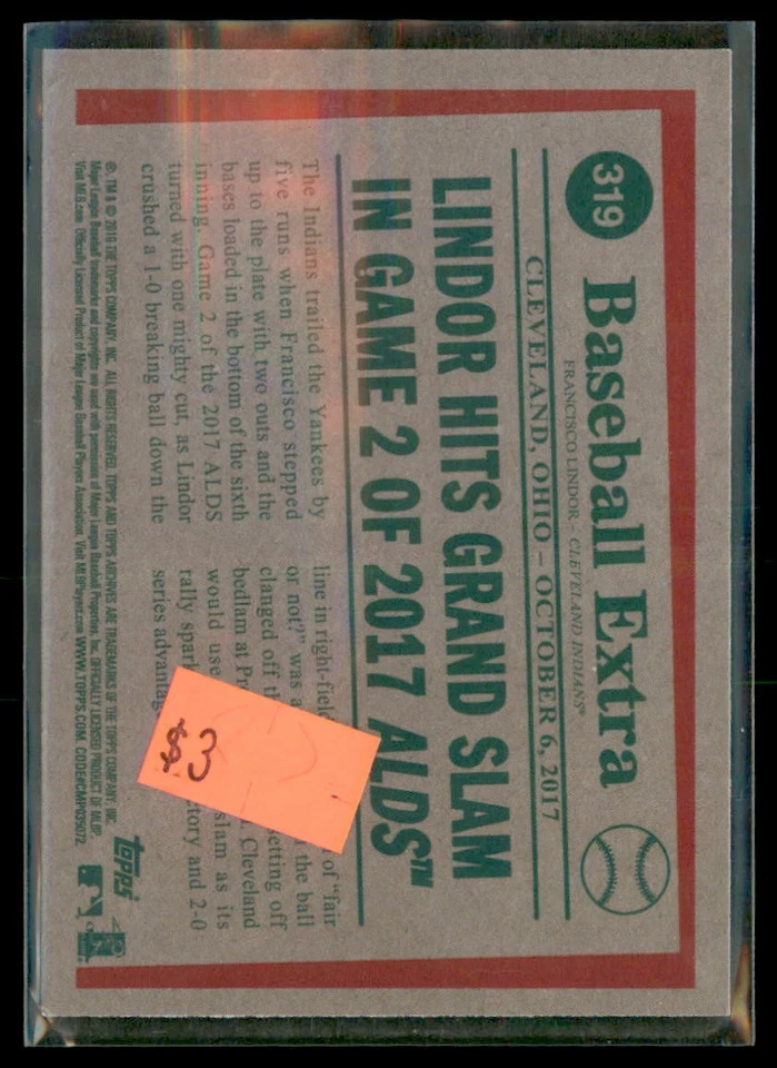 2019 Archive Topps Francisco Lindor Indians 319 - Image 2 of 2