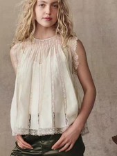 DOEN Sweet Hollow Lace Splicing Silk Organ Fold Sleeveless Perspective Top