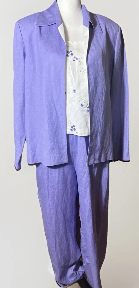 Jessica Howard 90s 3 Piezas Pantalón Traje Conjunto Lila Floral Mezcla Lino Talla 14 De Colección Foto 2 de 4