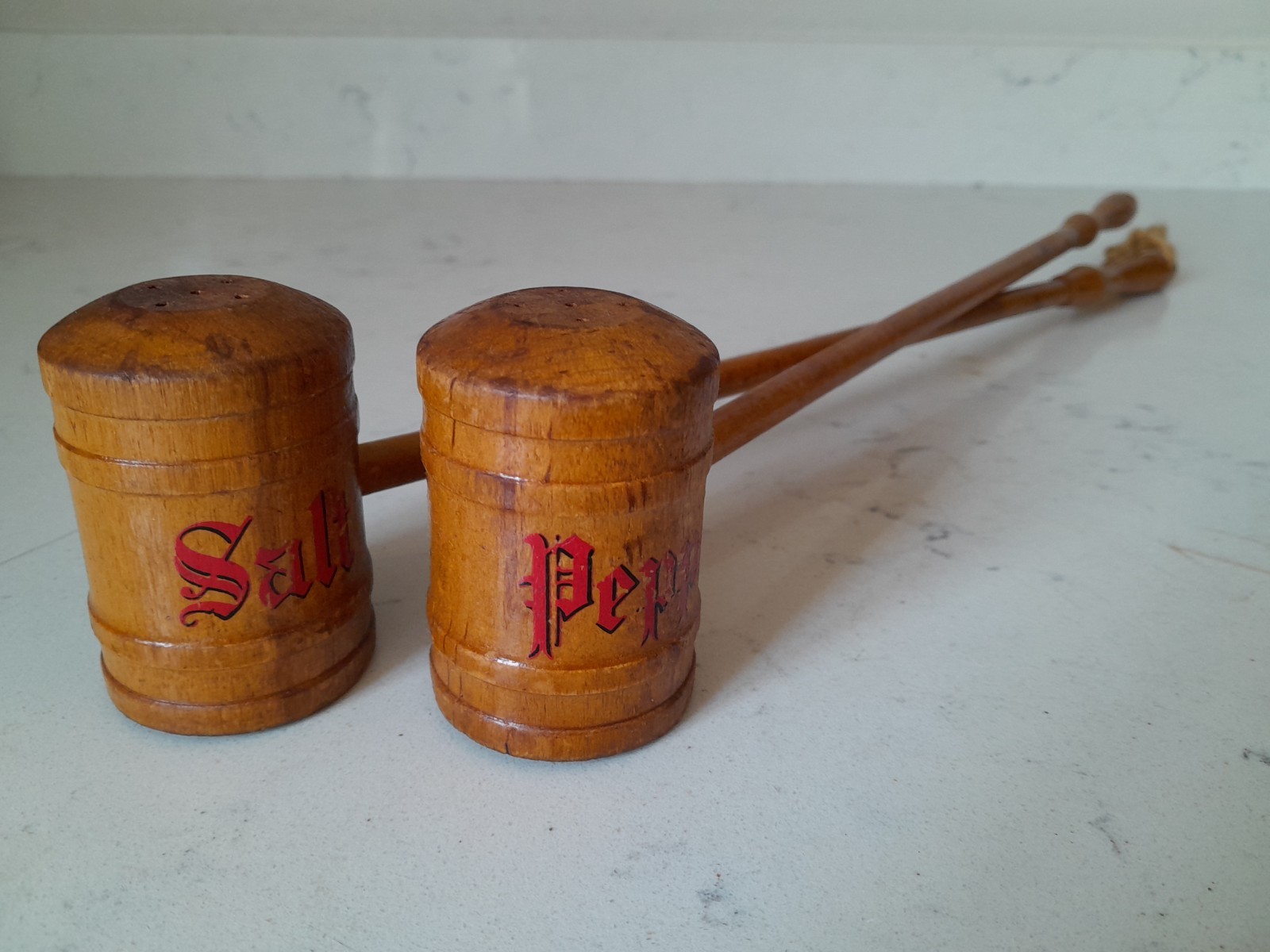 Vintage MCM Long Handled Wooden Grilling Salt & Pepper Shakers Original Corks