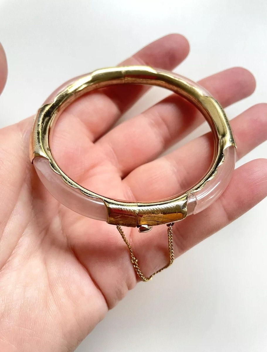 Vintage Estate Chinese Gold Plated Rose Quartz Hinged Bangle Bracelet