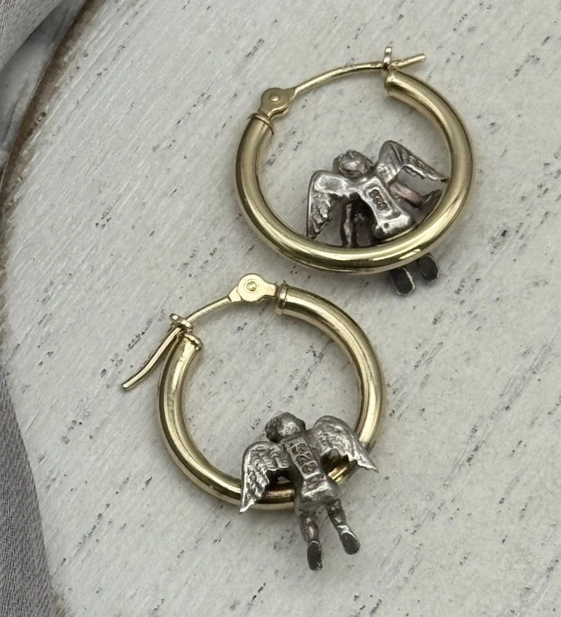 Vintage 14k & 925 Cherubs Hoop Earrings 2G / 0.6in - Image 4 of 4