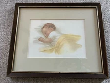 Vintage 1985 Bessie Peace Gutmann Child Sleeping, Yellow Blanket Framed Print.
