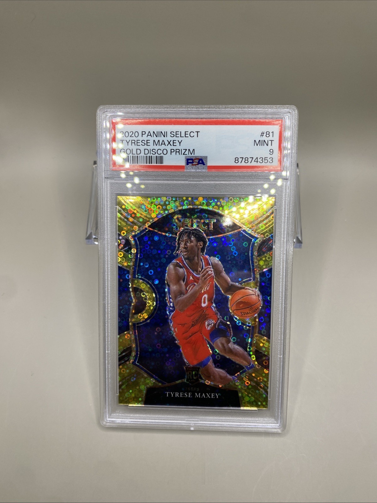 TYRESE MAXEY PSA 9 2020-21 PANINI SELECT #81 ROOKIE GOLD DISCO PRIZM RC /10