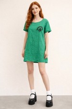 Caixinyi Indie Boho Linen Breathable Mini Dress Sz M Green Native Printed Detail