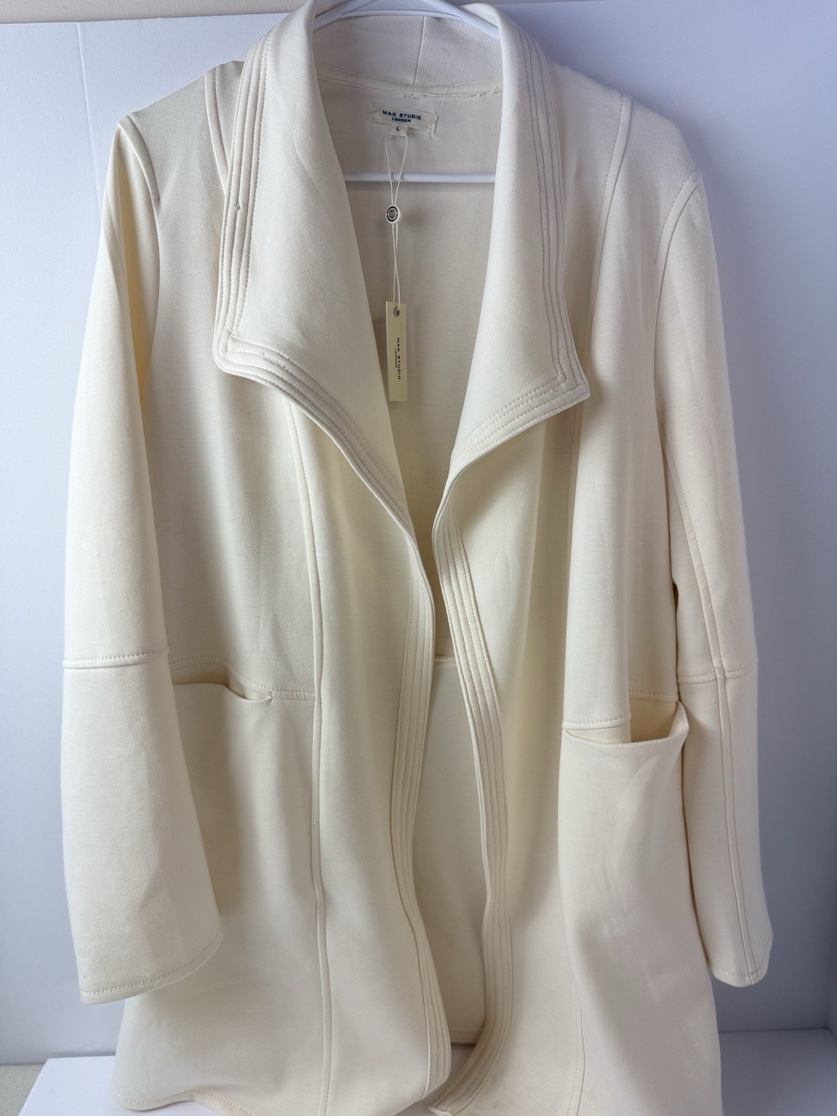 Max Studio Coat Cardigan Large Beige Scuba Drape Collar Long Sleeve Tunic Duster