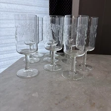 Hand Blown Etched Wine/Cordial Glass 1930-50s Polished Pinto Czech Set Of 10  