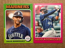 Julio Rodriguez 2024 Topps Heritage Base & Pink Sensation Baseball Cards.