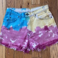 Vintage 90s Levi s Women s Rainbow Tie Dye Cut Off Denim Shorts Size 34