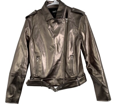 INC Womens Small Metallic Faux Leather Moto Jacket With Belt NWT