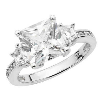 Sterling Silber Damen Drei Prinzessin Schnitt & Brillantschliff Kleid Ring
