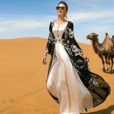 Two Piece Open Kaftan Abaya Women Long Dress Set Muslim Kimono Robe Party Gown