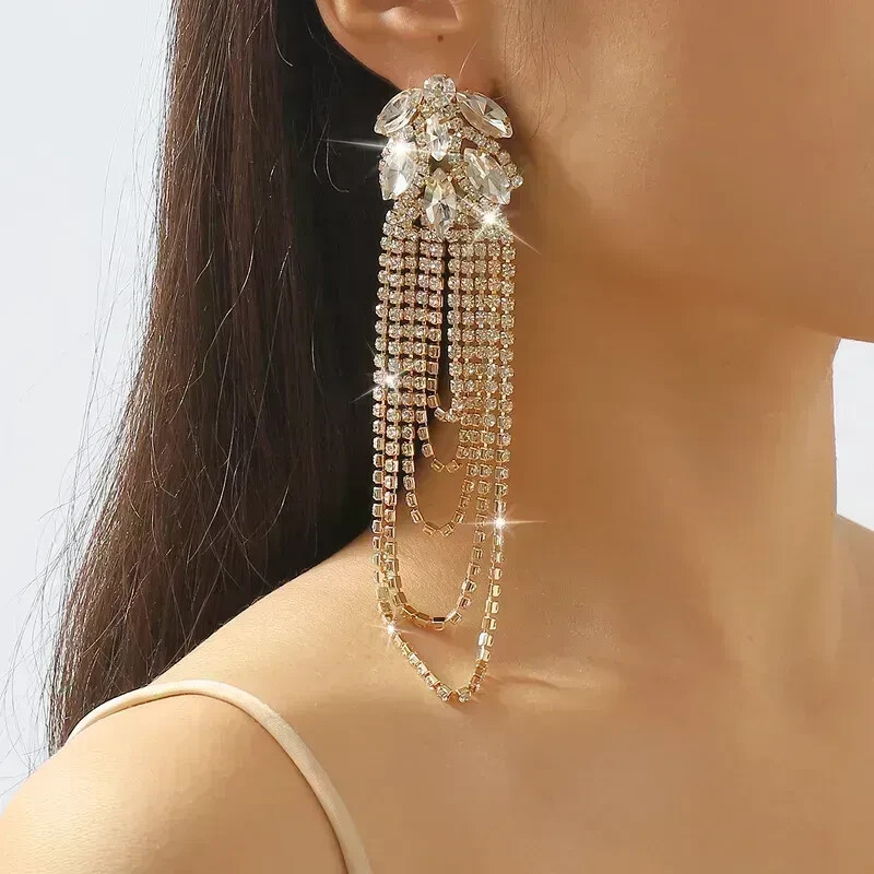 Jeairts Rhinestone Chandelier Earrings - Long Silver Dangle Chain With Tassel For Women