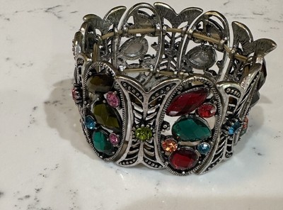 ELEGANT VINTAGE HEAVY SILVER FACETED MULTI-COLOR AUSTRIAN CRYSTAL BRACELET ON ST