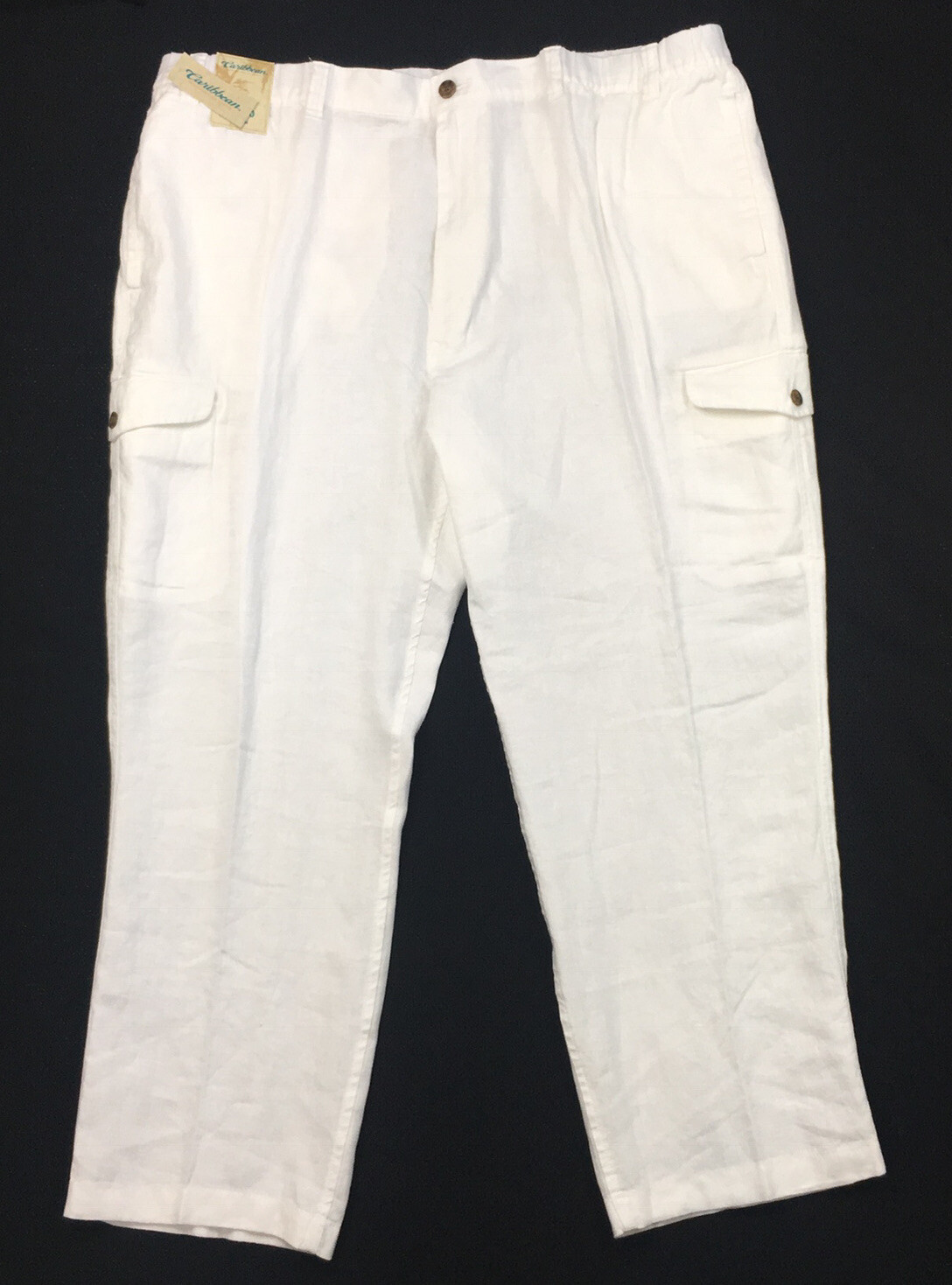 Men's Caribbean White 100 Linen Drawstring Cargo Pants 46x32 for sale