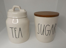 Rae Dunn Sugar Canister with Wood Lid and Tea Canister with Ceramic Lid - 2 Lot