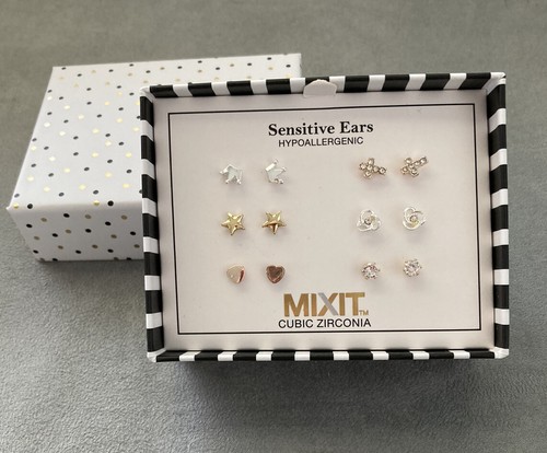 Mixit Cubic Zirconia stud Earring Set 6 Pair hypoallergenic Heart Star Cross - Picture 2 of 4