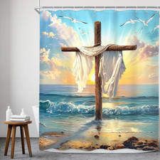 Ocean Beach Shower Curtain 60Wx72H Inch Christian Cross Seaside Sunset Scenery L