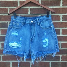 Distressed Denim Jean Shorts Large High Rise Raw Frayed Hem Festival Grunge