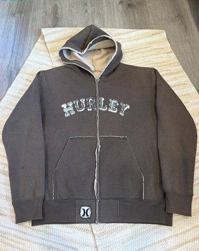 Vintage Y2K Hurley Fleece Lined Full Zip Hoodie Logo Graphic Print Men's Size L