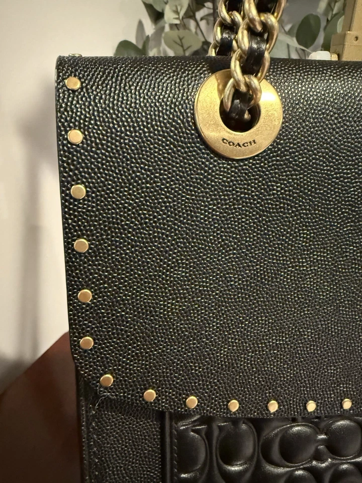 Coach Parker In Signature Leather with Rivets Turnkey Black Shoulder Bag Purse - Image 4 of 4