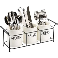 3-Piece White Ceramic Silverware Caddy with Black Metal Rack Utensil Holder