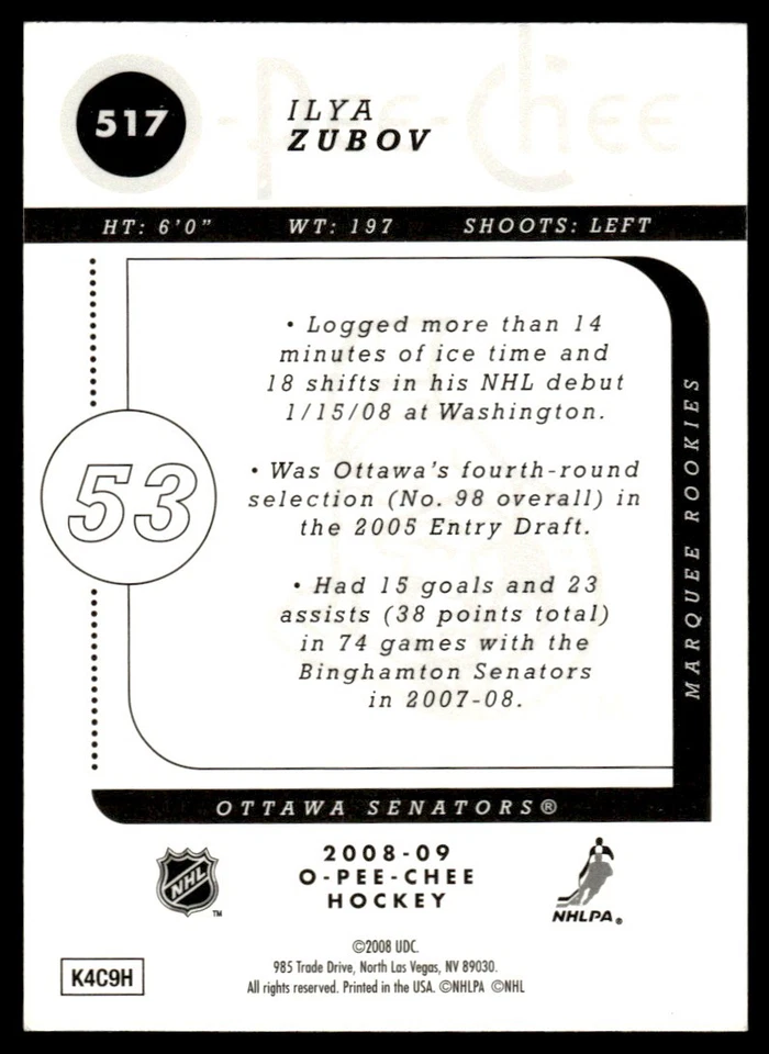 2008-09 O-Pee-Chee Gold Ilya Zubov Rookie Ottawa Senators #517 - Image 2 of 2