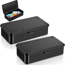 2 Pack Steel Storage with Hinged Lid, Small Metal Pencil Case for Organizing ...