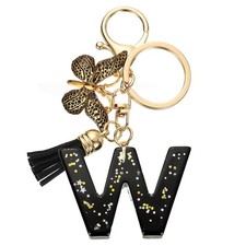 Initial Letter Keychains, Resin Cute Pendant with Butterfly  Tassel, Black-W