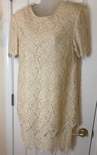 Vintage Laurence Kazar Beaded Dress Cream Short Sleeve Size Medium
