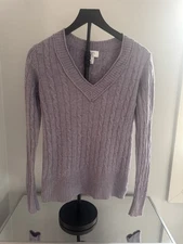 LOFT Ann Taylor Lavender Cable Knit Angora Wool Blend V-Neck Sz M Petite