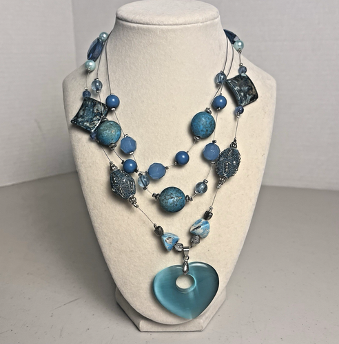 Handgefertigte blaue schwebende Perle Draht Halsketten Glas Herz Anhänger Boho Schmuck - Bild 1 von 22