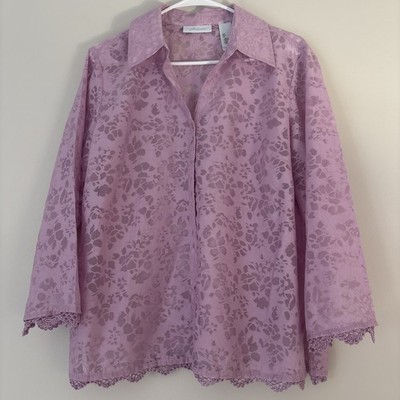 JH Collectibles Women Top Size L Pink Floral Lace Button Down 3/4 Sleeve Blouse