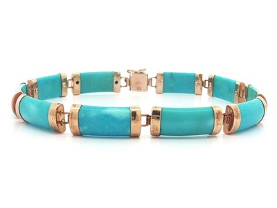 Yellow Gold Turquoise Section Line Link Bracelet w/ Asian Push Clasp