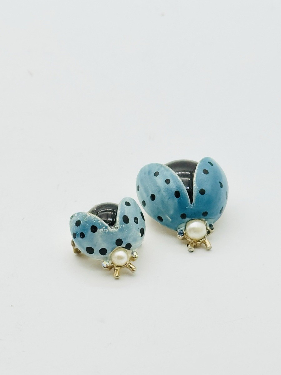 Vintage PAIR Little Blue Rhinestone Lady Bug Insect Beetle Brooch