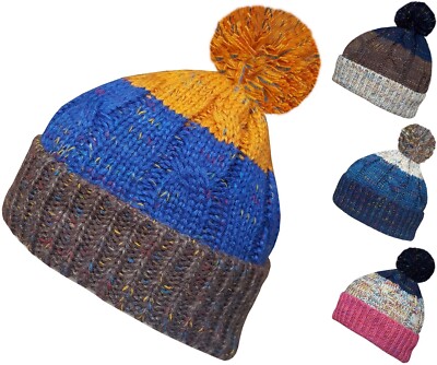 Beanie Mütze Winter Wollige Slouch Beanies Zopfmuster Bommel Design